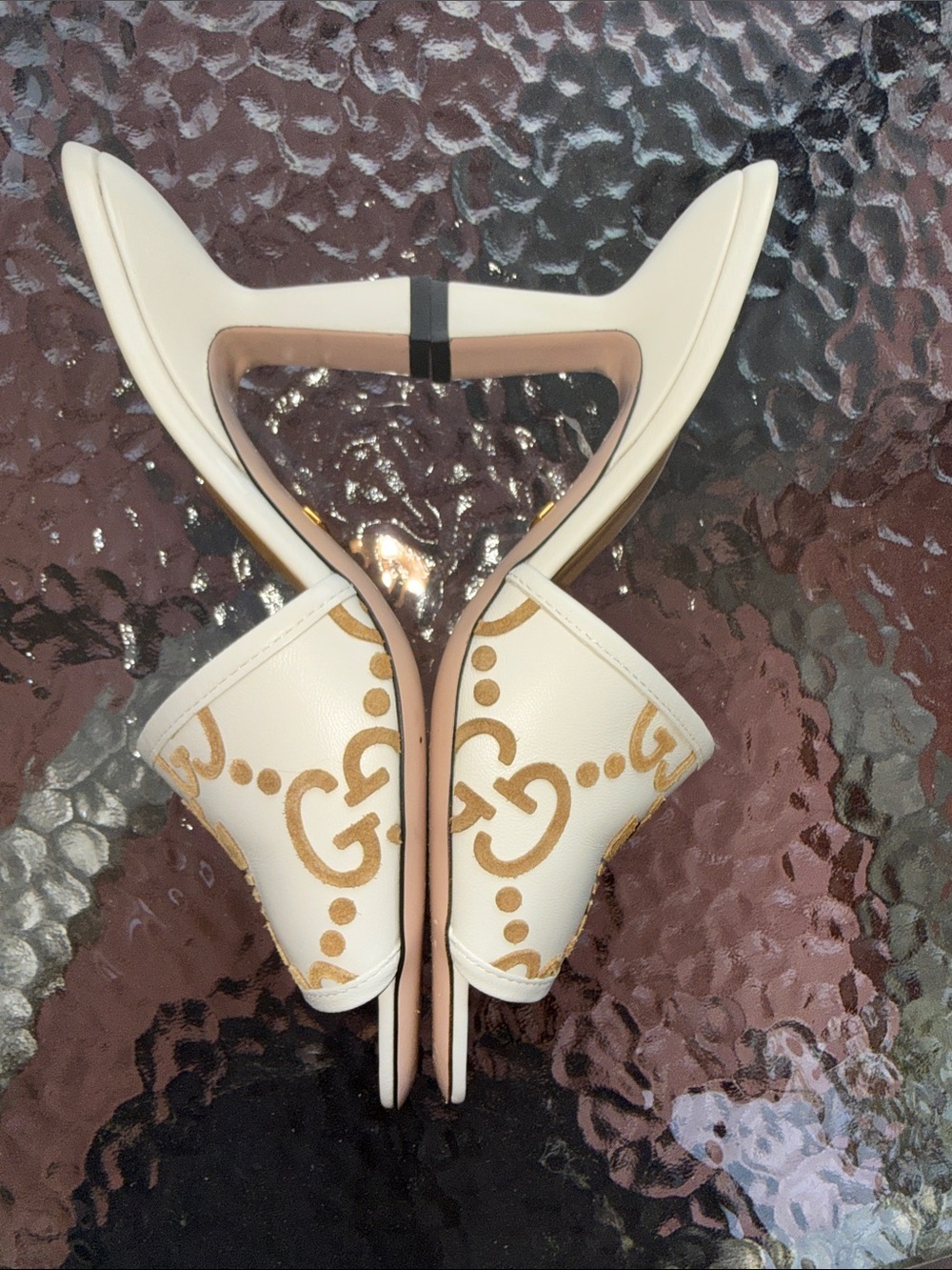 Gucci Cream Leather Slide Mules with Gold Logo Pattern - Picture 6 of 16